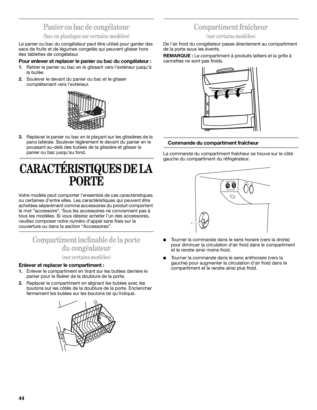 Whirlpool KTRA22EMSS01 manual Porte, Panier ou bac de congélateur, Compartiment inclinable de la porte Du congéalateur 