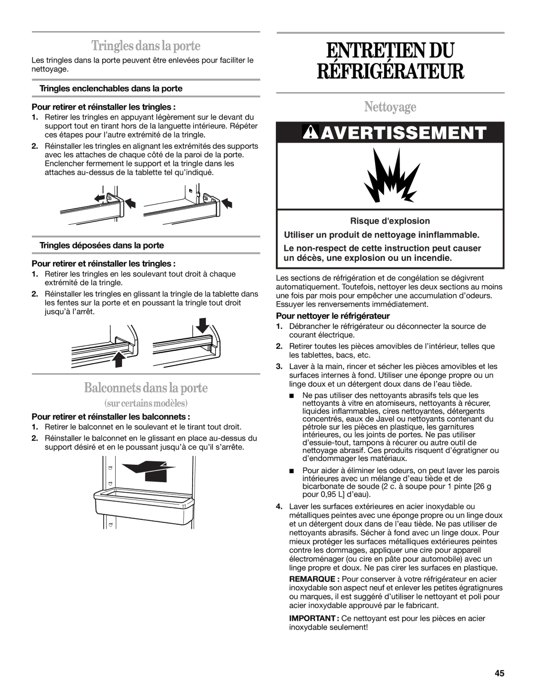 Whirlpool KTRA19EMBL00 manual Entretien DU Réfrigérateur, Tringles dans la porte, Balconnets dans la porte, Nettoyage 