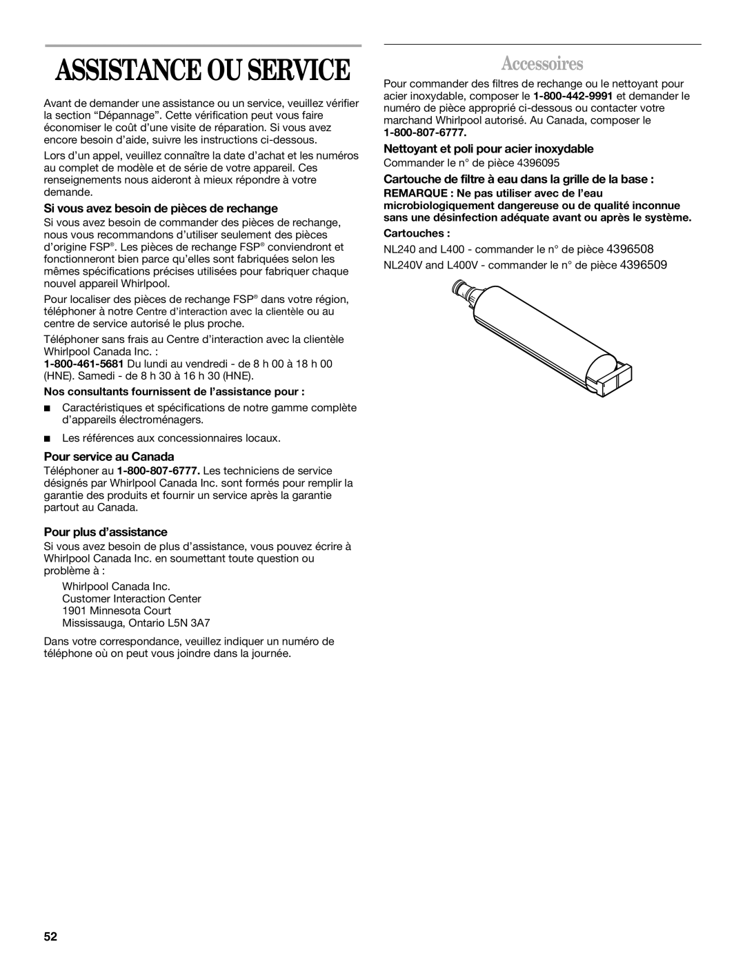 Whirlpool KTRA19EMBT00, ED5NTGXMQ00, KTLA22EMSS03, KTLA22EMSS01, KTRA22EMWH02, KTRA22EMSS04, KTRA22EMSS03 manual Accessoires 