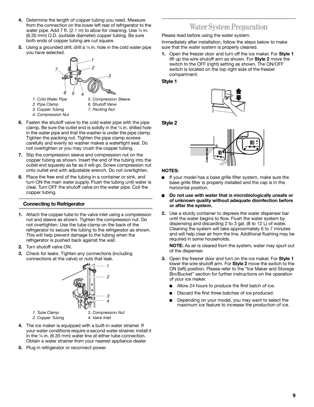 Whirlpool KTRA22EMWH01, ED5NTGXMQ00, KTLA22EMSS03, KTLA22EMSS01 manual Water System Preparation, Connecting to Refrigerator 