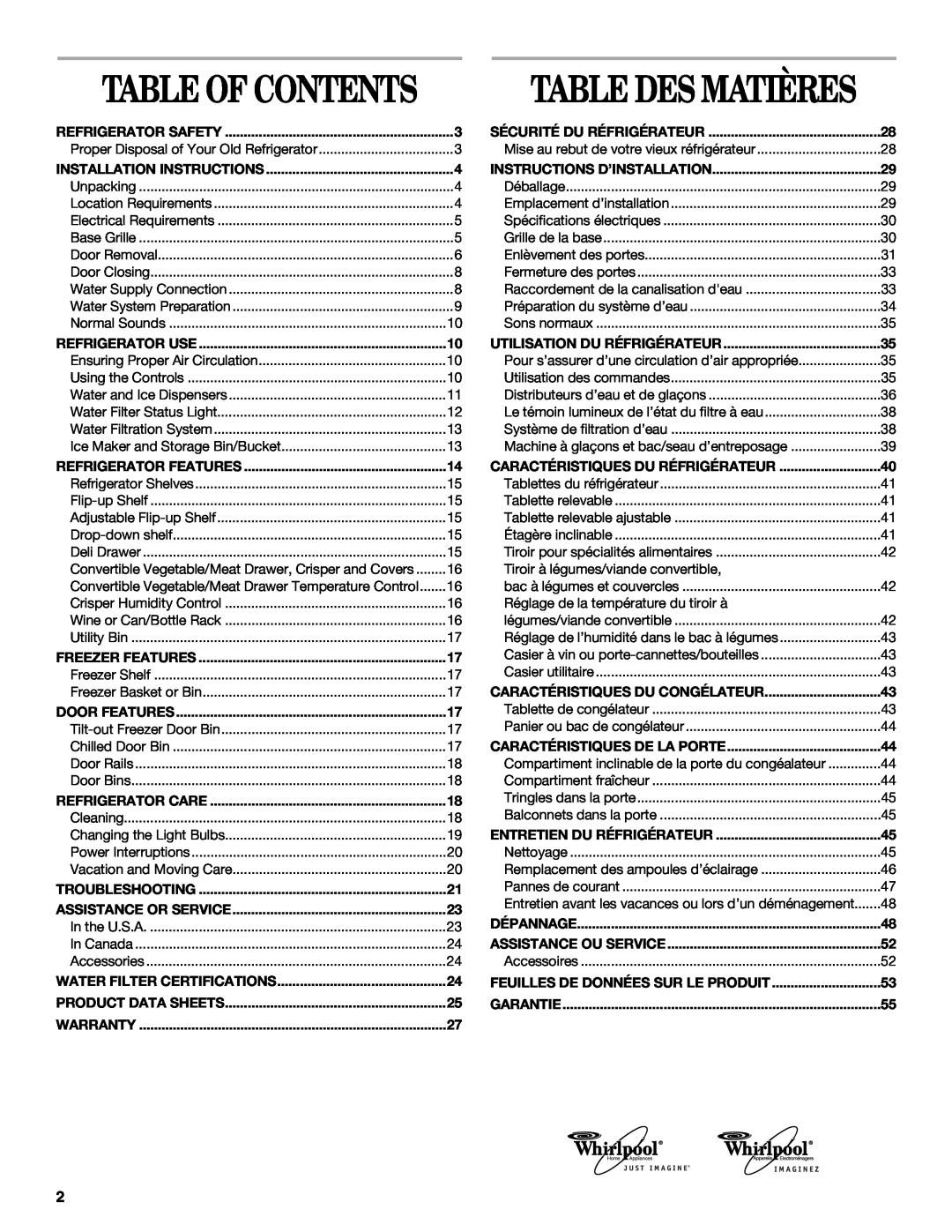 Whirlpool KTLA22EMSS01 Table Des Matières, Table Of Contents, Refrigerator Safety, Installation Instructions, Warranty 