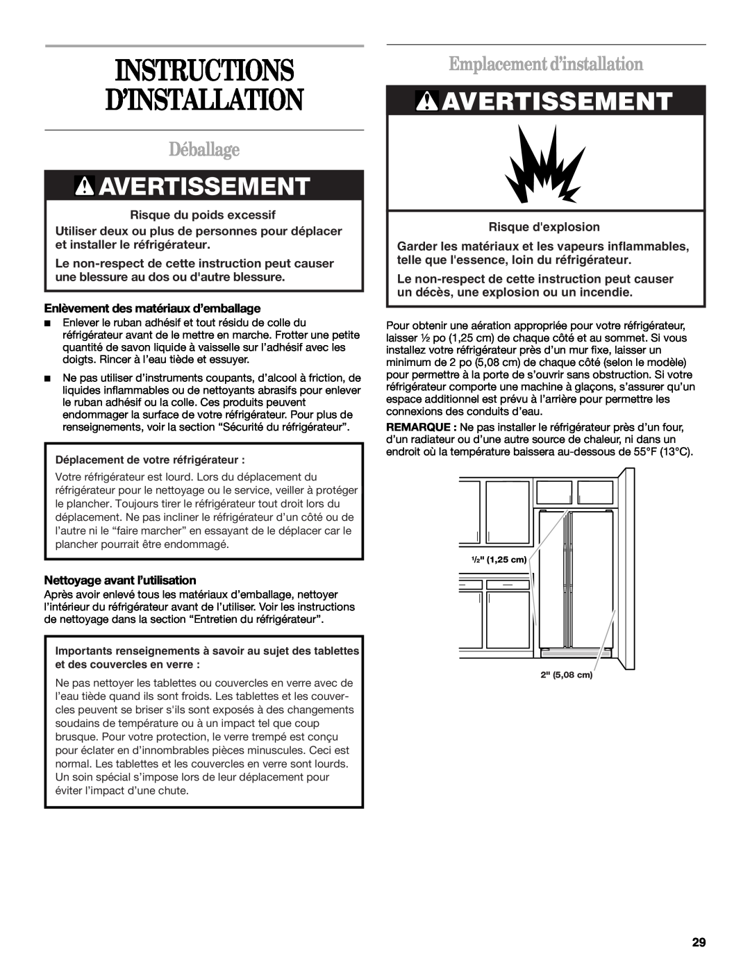 Whirlpool KTRS22EMWH01 manual Instructions D’Installation, Déballage, Emplacement d’installation, Risque du poids excessif 