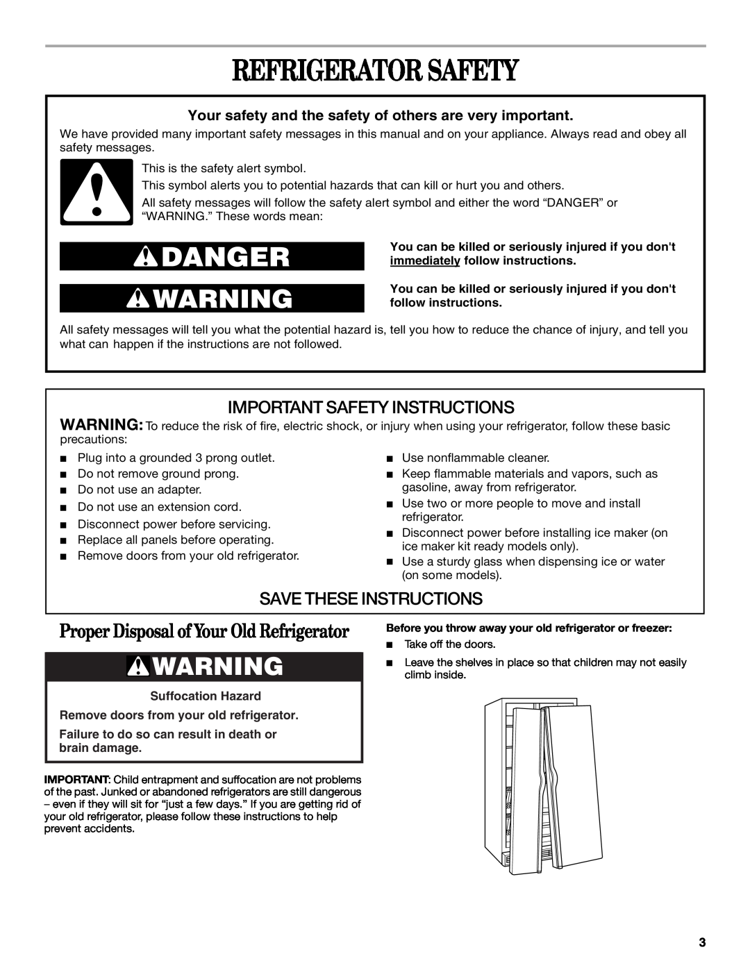 Whirlpool KTRA22EMWH02 manual Refrigerator Safety, Proper Disposal of Your Old Refrigerator, Important Safety Instructions 