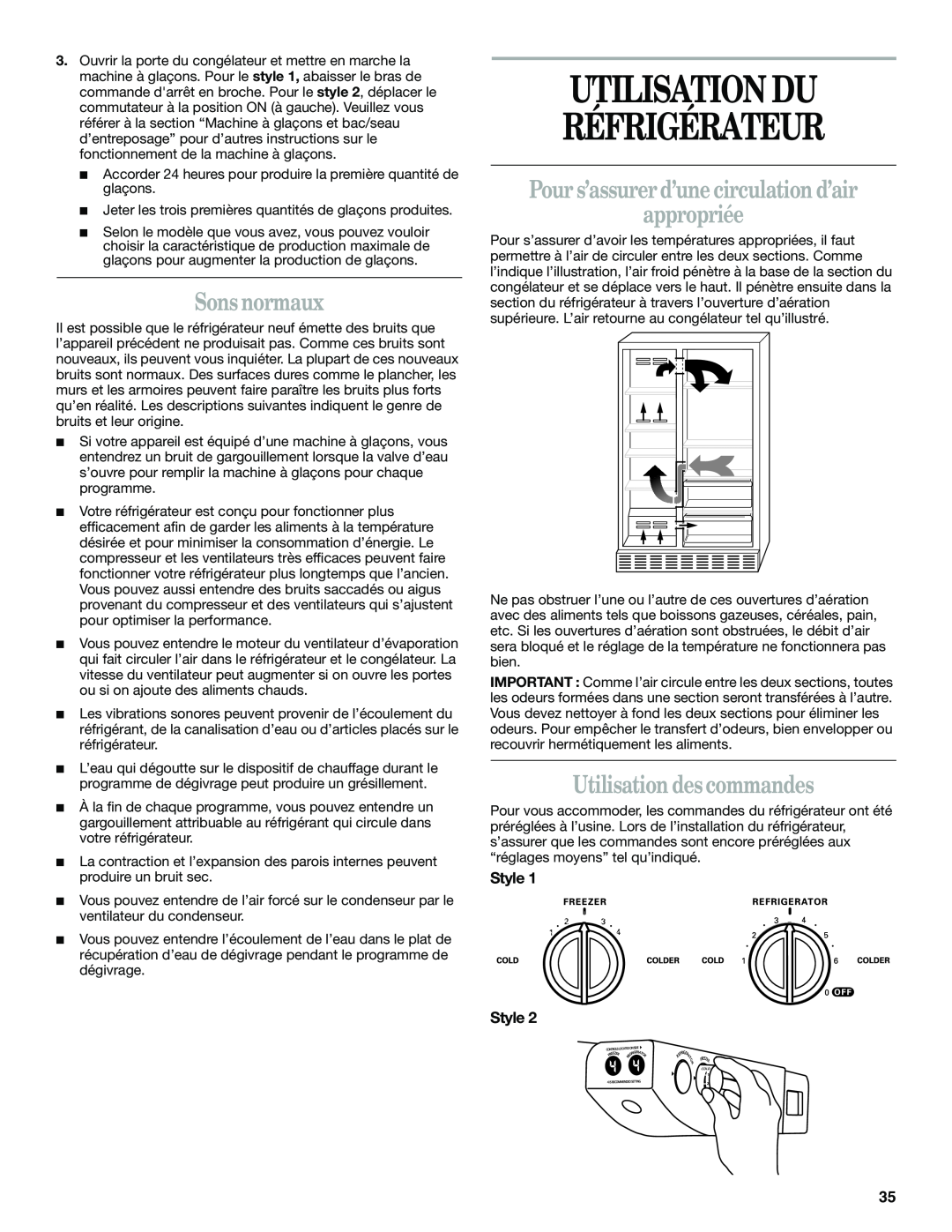 Whirlpool KTRC22EMBL02 manual Utilisation Du Réfrigérateur, Sons normaux, Pour s’assurer d’une circulation d’air appropriée 
