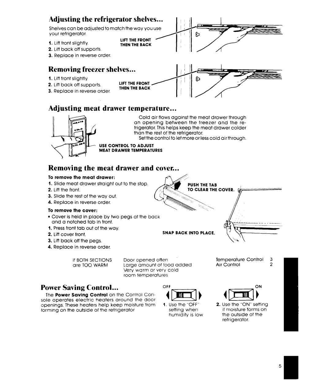 Whirlpool EDI9SK manual Adjusting the refrigerator shelve, Removing freezer shelves, Adjusting meat drawer temperature 