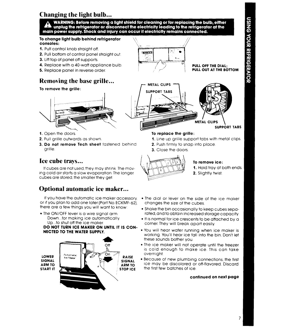 Whirlpool EDI9SK manual Changing the light bulb, Removing the base grille, Ice cube trays, Optional automatic ice maker 