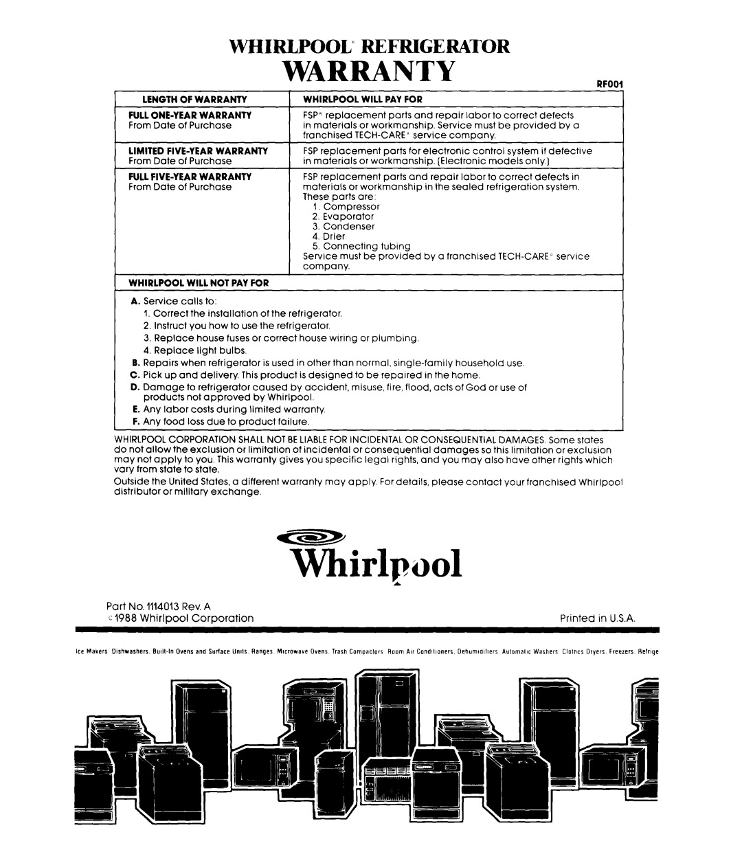 Whirlpool EDI9SK manual Whirlpool”, Warranty, Refrigerator 