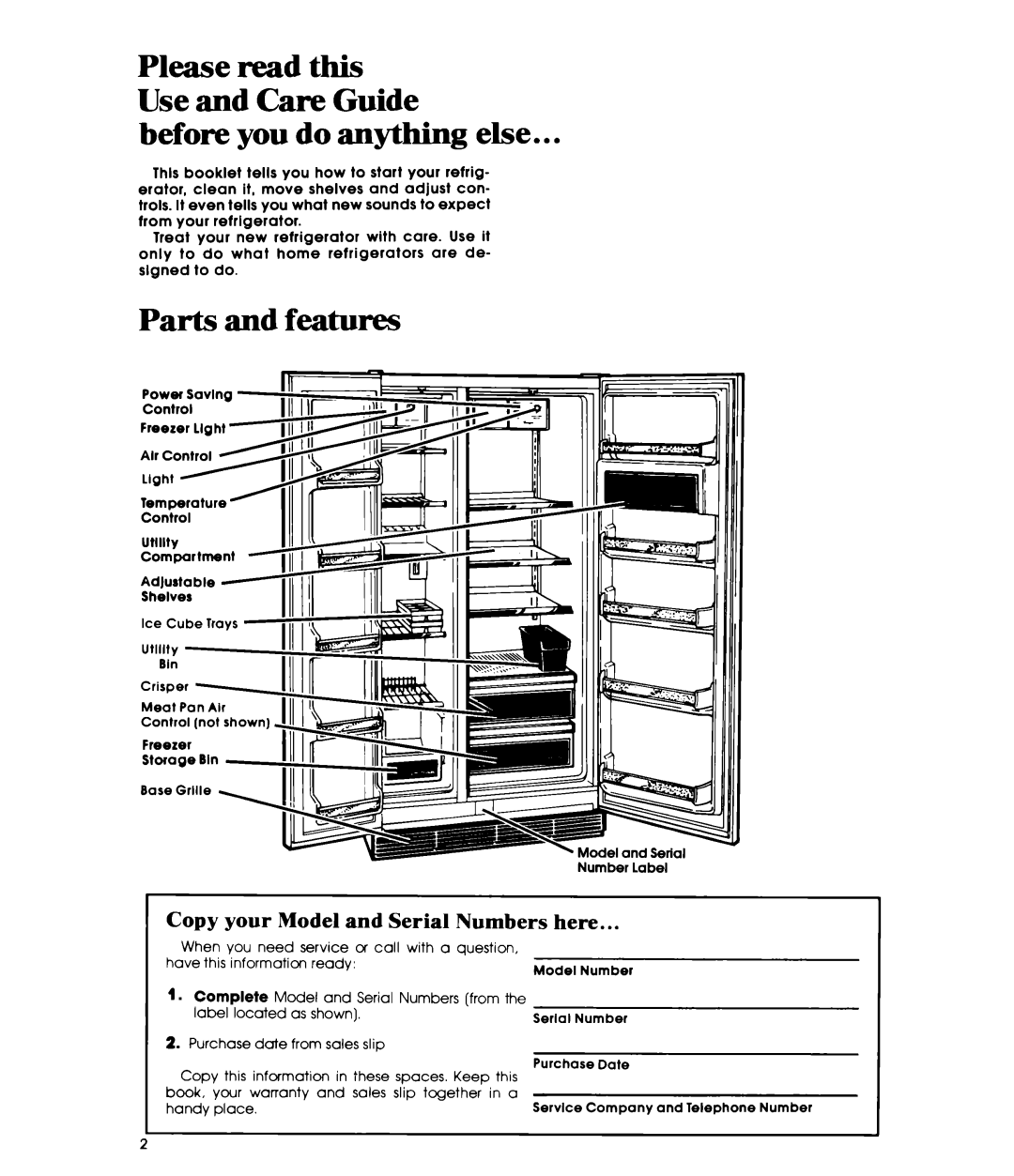 Whirlpool EDl9VK manual Before you do anything else, Parts and features, Copy your Model and Serial Numbers here 