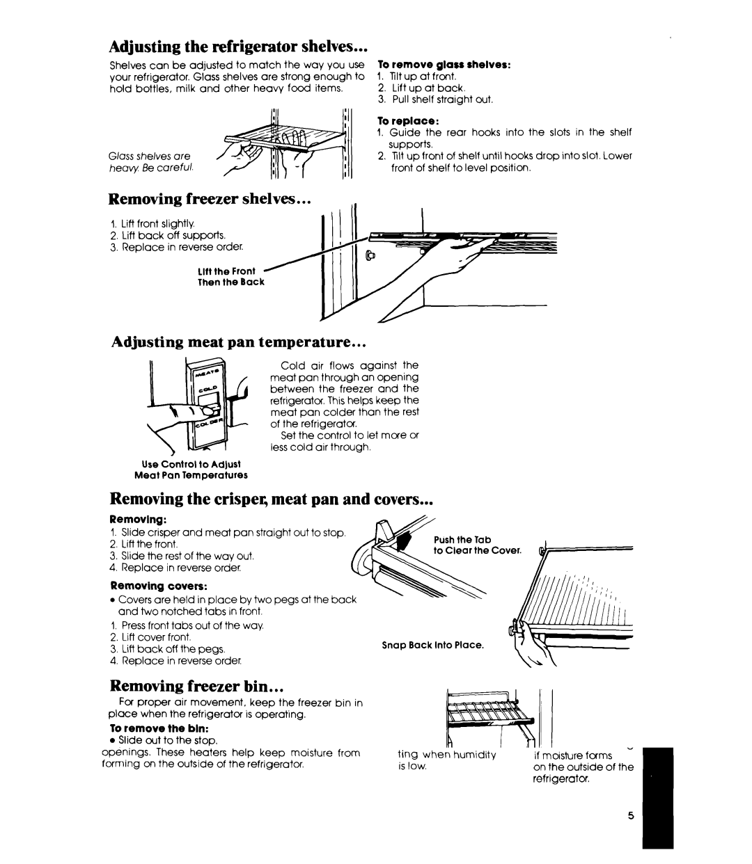 Whirlpool EDl9VK manual Removing the crisper meat pan and covers, Adjusting the refrigerator shelves, Freezer Shelves 