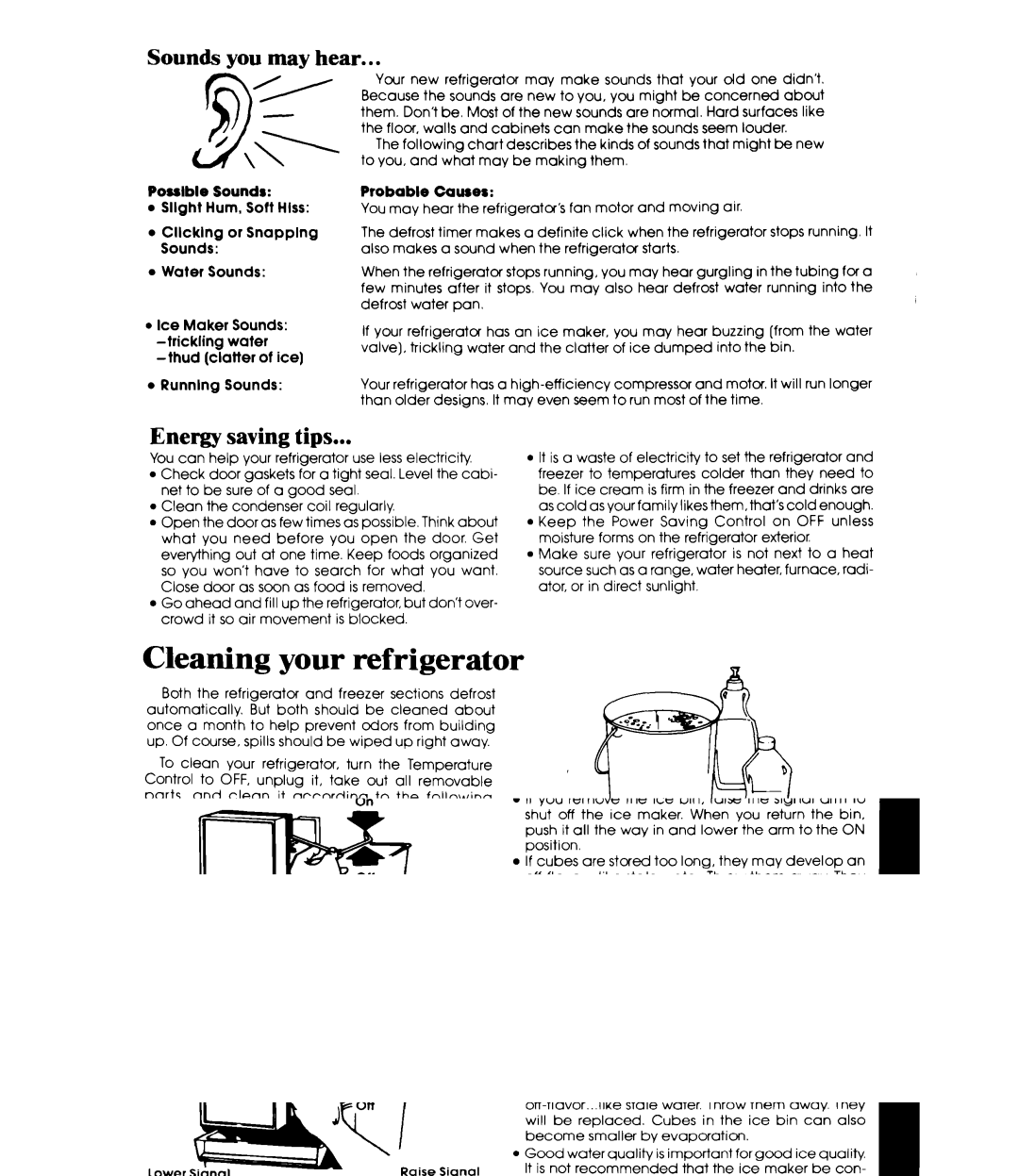 Whirlpool EDl9VK Cleaning your refrigerator, Energy saving tips, Sounds you may hear, Possible Sounds, Probable Causes 