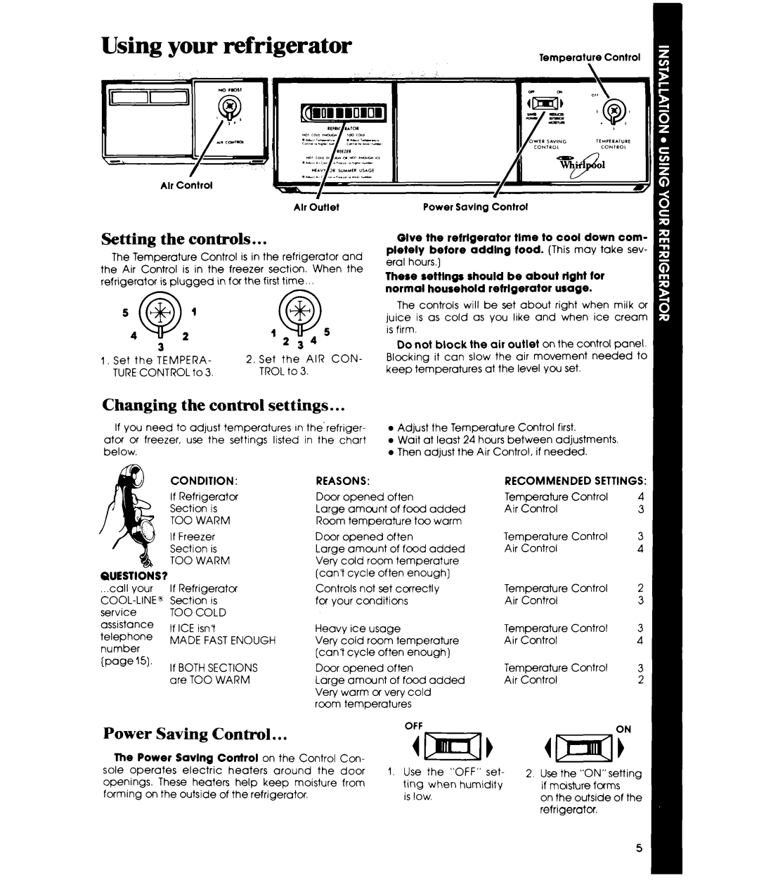 Whirlpool EDl9VK Using your refrigerator, Setting the controls, Changing the control settings, Power Saving Control, 54@2’ 