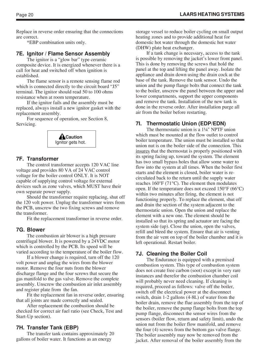 Whirlpool EDP/EDN warranty 7E. Ignitor / Flame Sensor Assembly, 7F. Transformer, 7G. Blower, 7H. Transfer Tank EBP 
