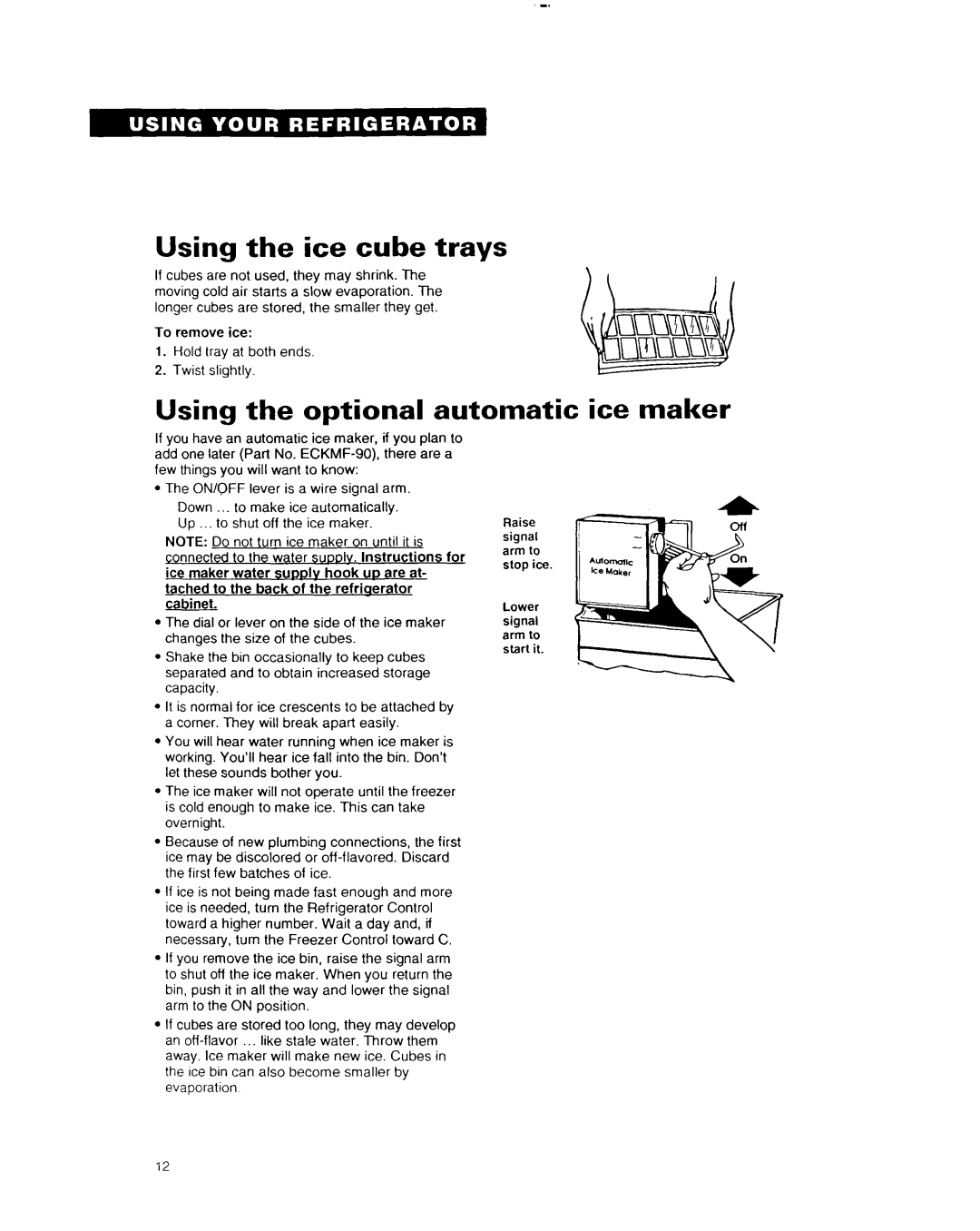 Whirlpool EDZZDK important safety instructions Using the ice cube trays, Using the optional automatic ice maker 