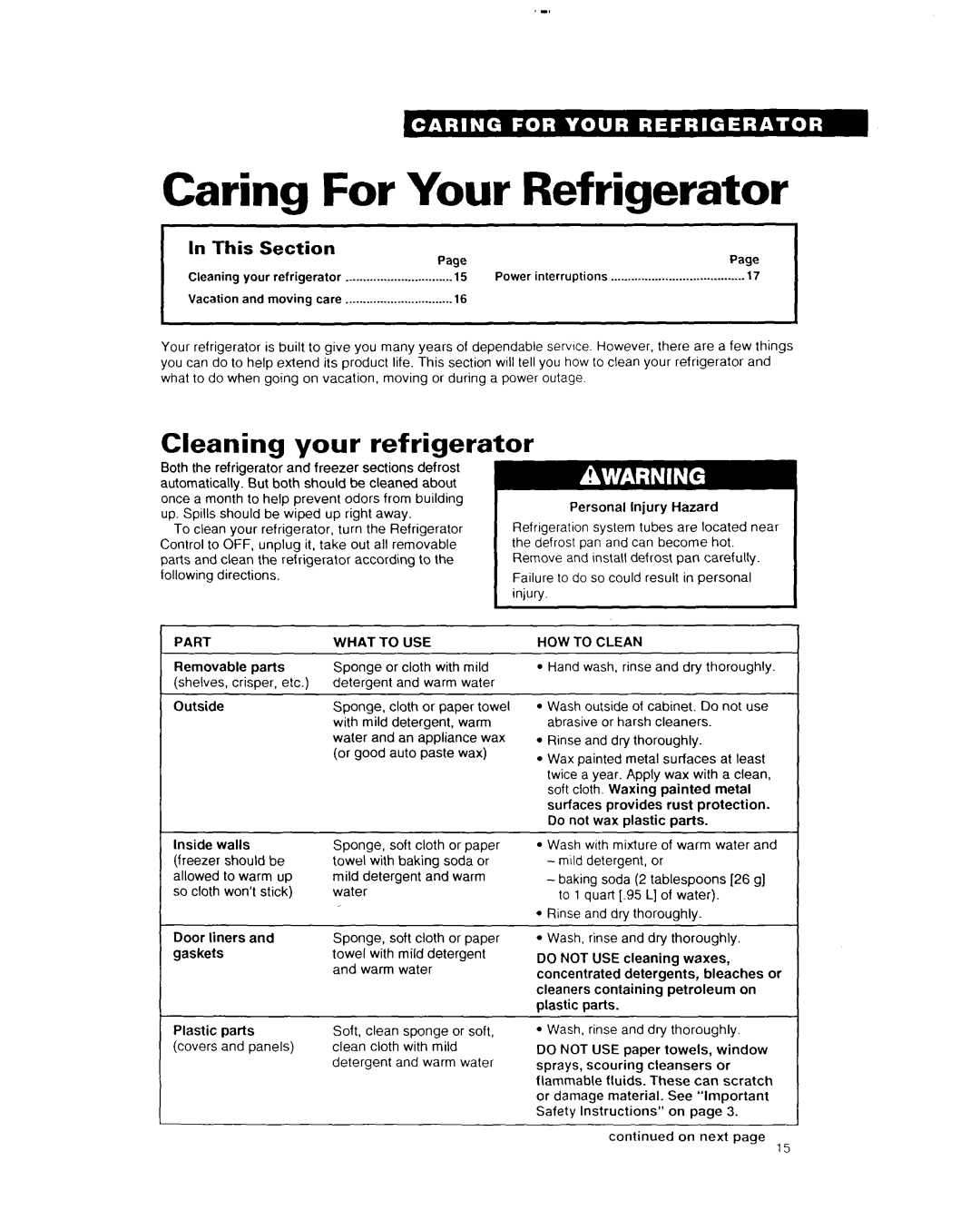 Whirlpool EDZZDK Caring For Your Refrigerator, Cleaning your refrigerator, Part, What to USE, HOW to Clean 