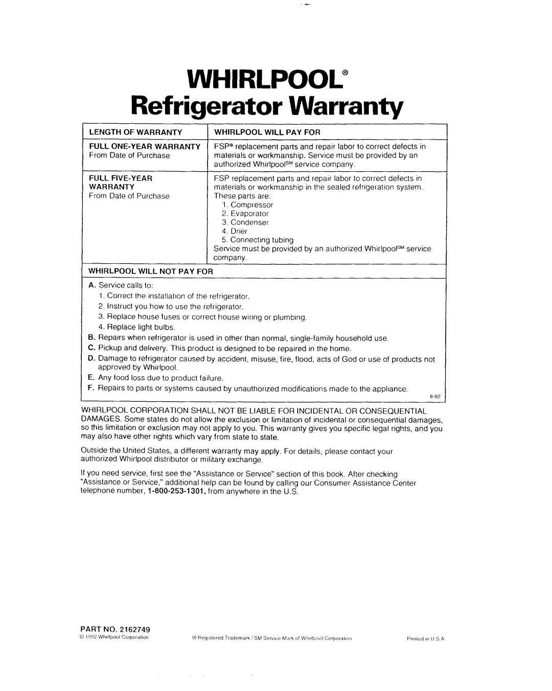 Whirlpool EDZZDK important safety instructions Refrigerator Warranty 