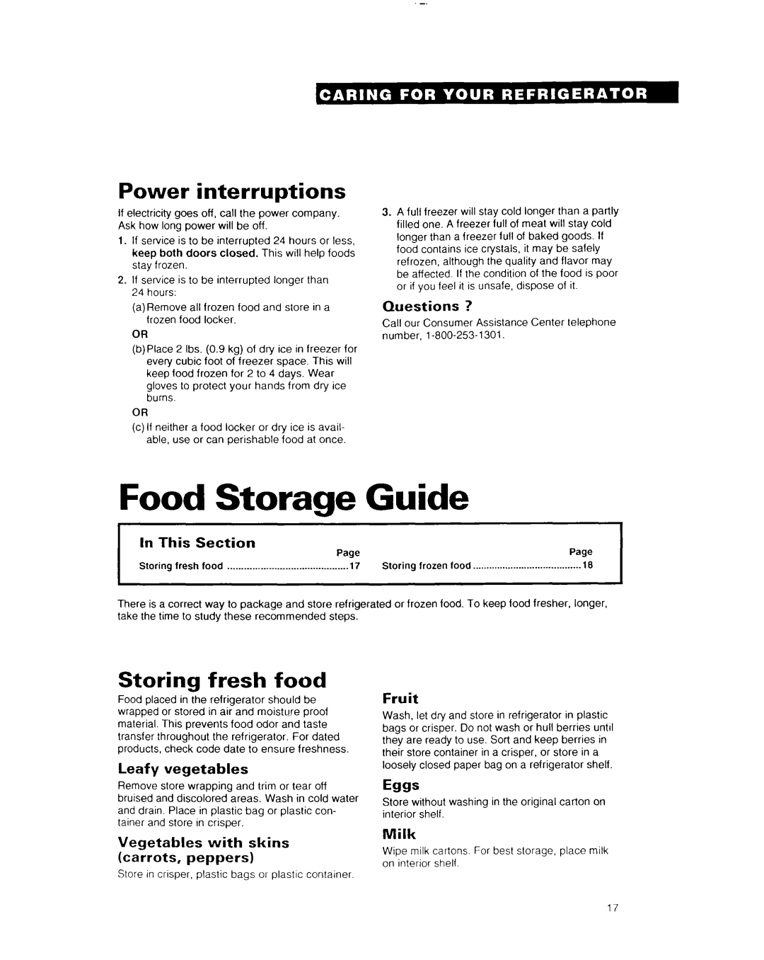 Whirlpool EDZZDK Storage, Guide, Power interruptions, Storing fresh food, Food, Questions ?, In This, Section, Fruit, Milk 