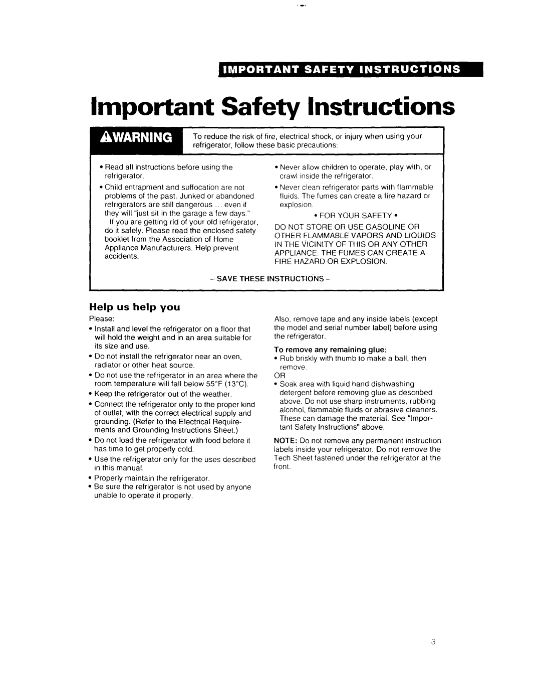 Whirlpool EDZZDK important safety instructions Important Safety Instructions, Help us help you 