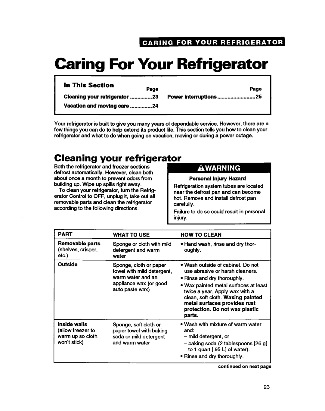 Whirlpool EDZZDQ manual Caring For Your Refrigerator, Cleaning your refrigera 