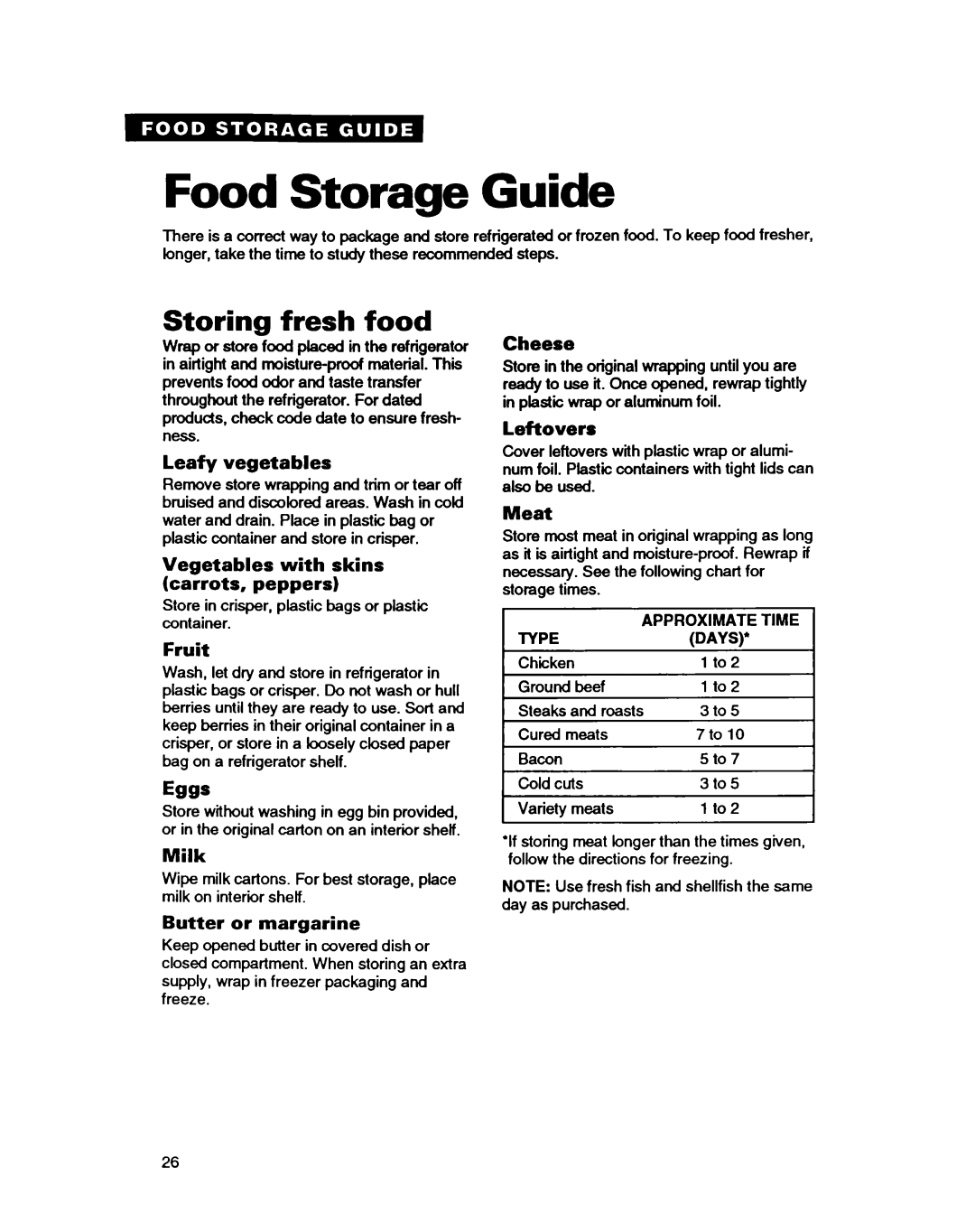 Whirlpool EDZZDQ manual Food Storage Guide, Storing fresh food 