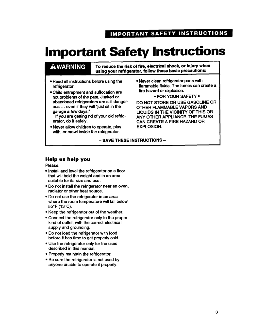 Whirlpool EDZZDQ manual Important Safety Instructions, Help us help you 