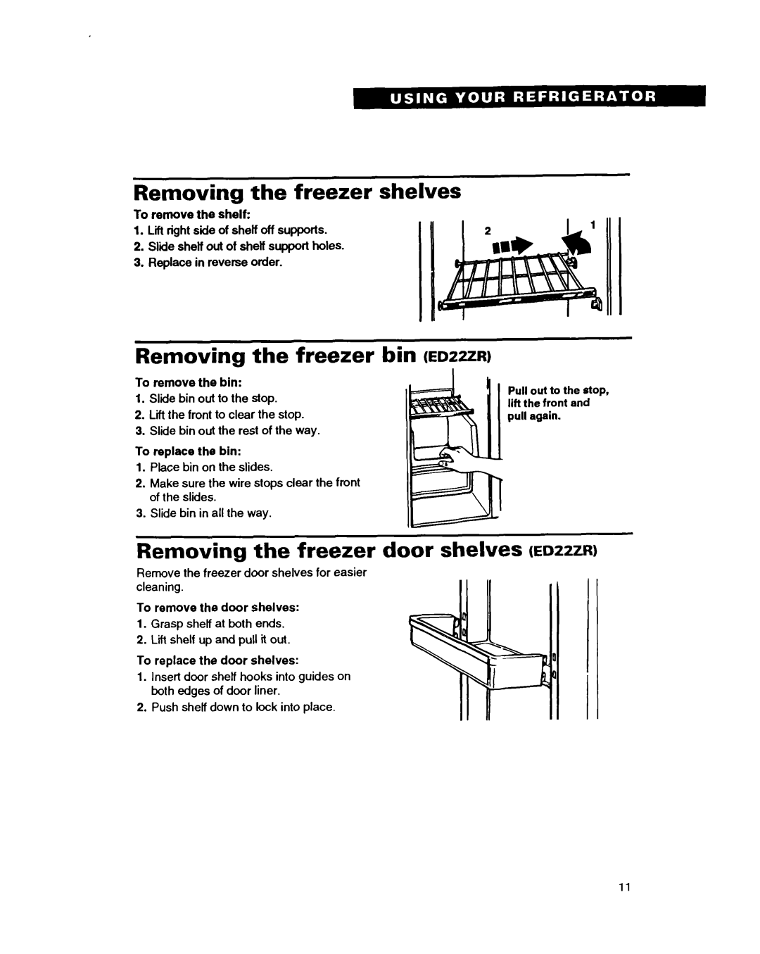 Whirlpool EDZOZK Removing the freezer shelves, Removing the freezer bin Edzzzr, Removing the freezer door shelves Edzzzr 