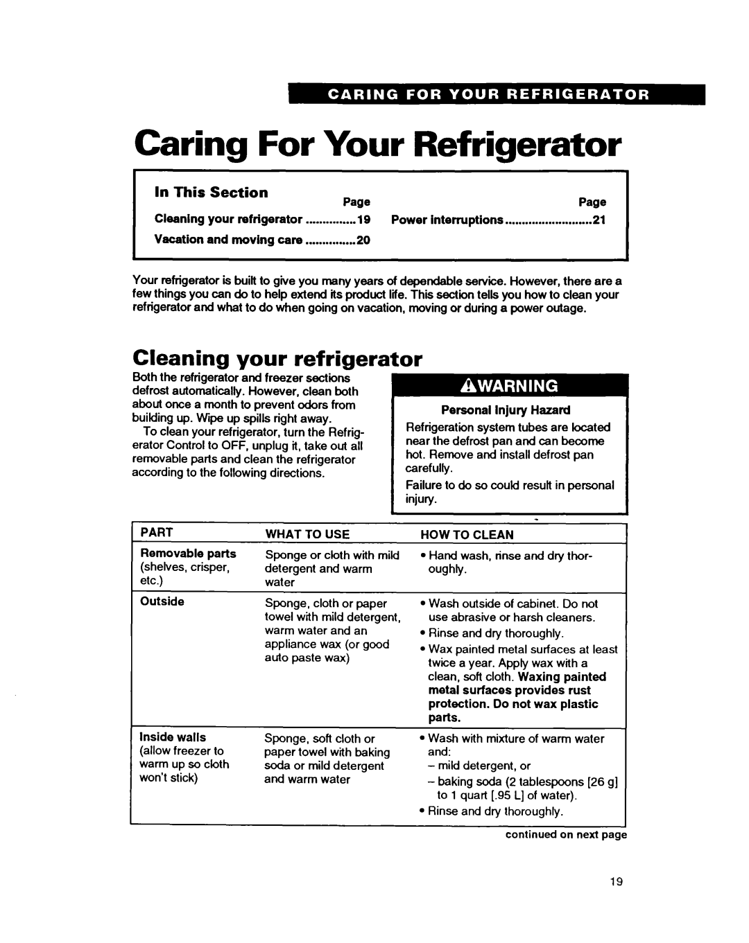 Whirlpool EDZOZK, EDZZZR warranty Caring For Your Refrigerator, Cleaning your refrigerator, Vacation, Removable parts 