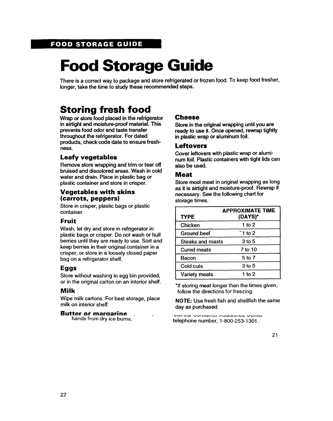 Whirlpool EDZZZR, EDZOZK warranty Food Storage Guide, Storing fresh food 