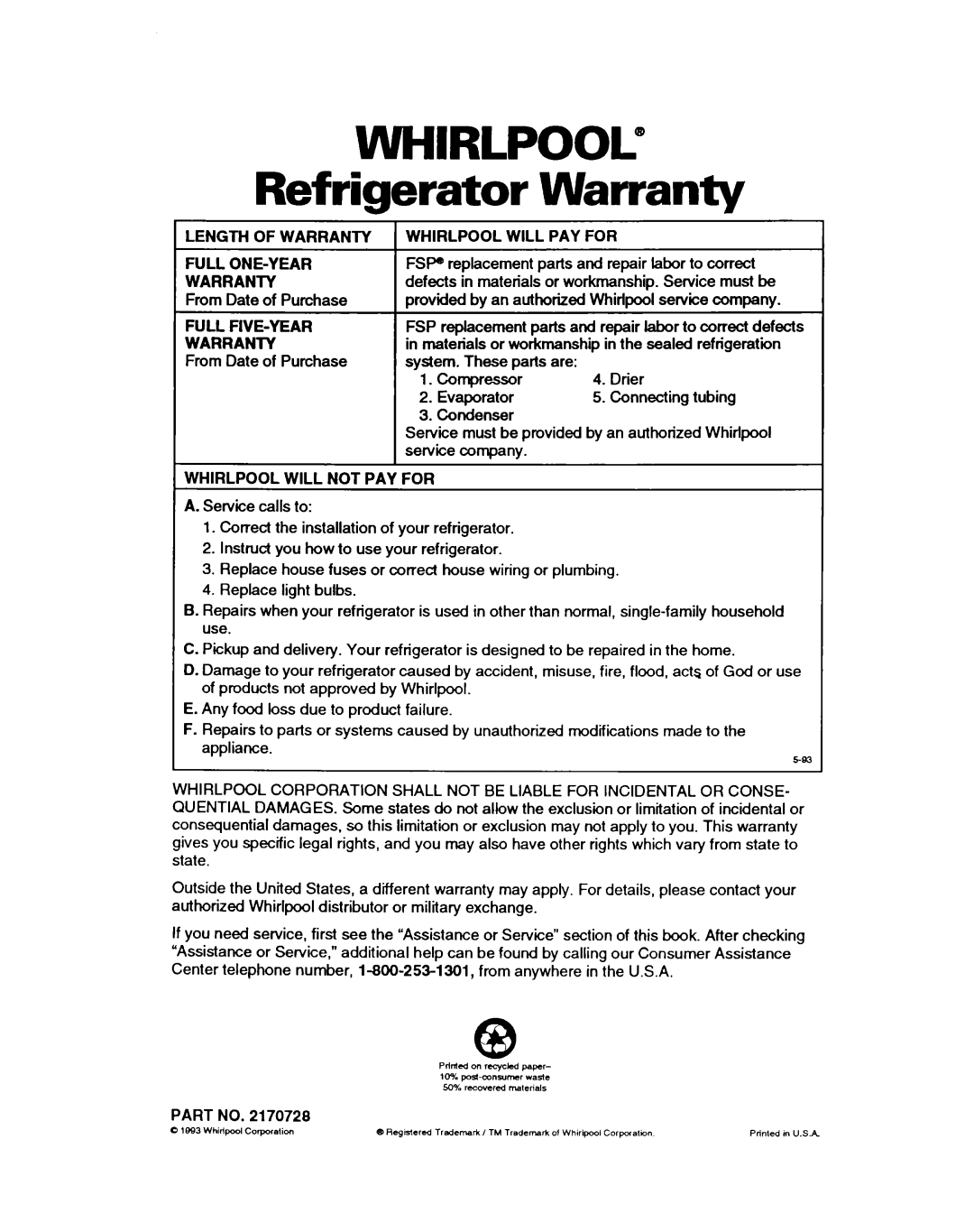 Whirlpool EDZZZR, EDZOZK warranty Whirlpool=, Refrigerator Warranty 