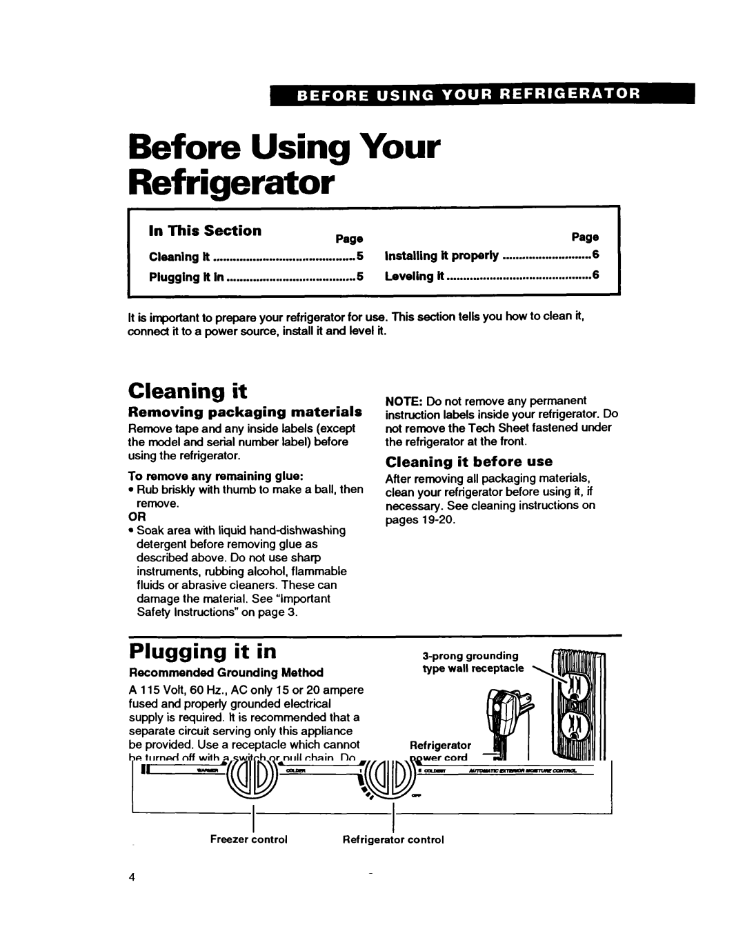 Whirlpool EDZOZK, EDZZZR warranty Before Using Your Refrigerator, Cleaning it, Plugging it 