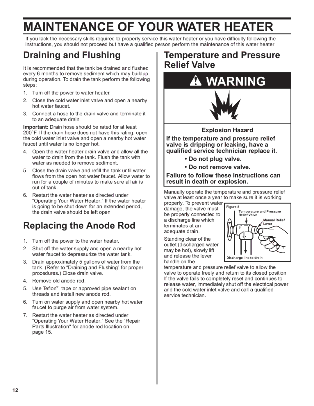 Whirlpool 188410, EE2H40RD045V, 188413 Maintenance of Your Water Heater, Draining and Flushing, Replacing the Anode Rod 