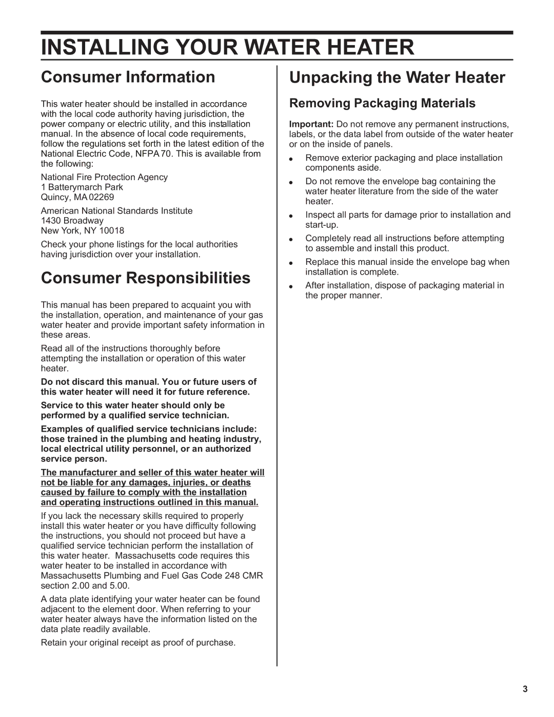 Whirlpool 188412 Installing Your Water Heater, Consumer Information, Consumer Responsibilities, Unpacking the Water Heater 