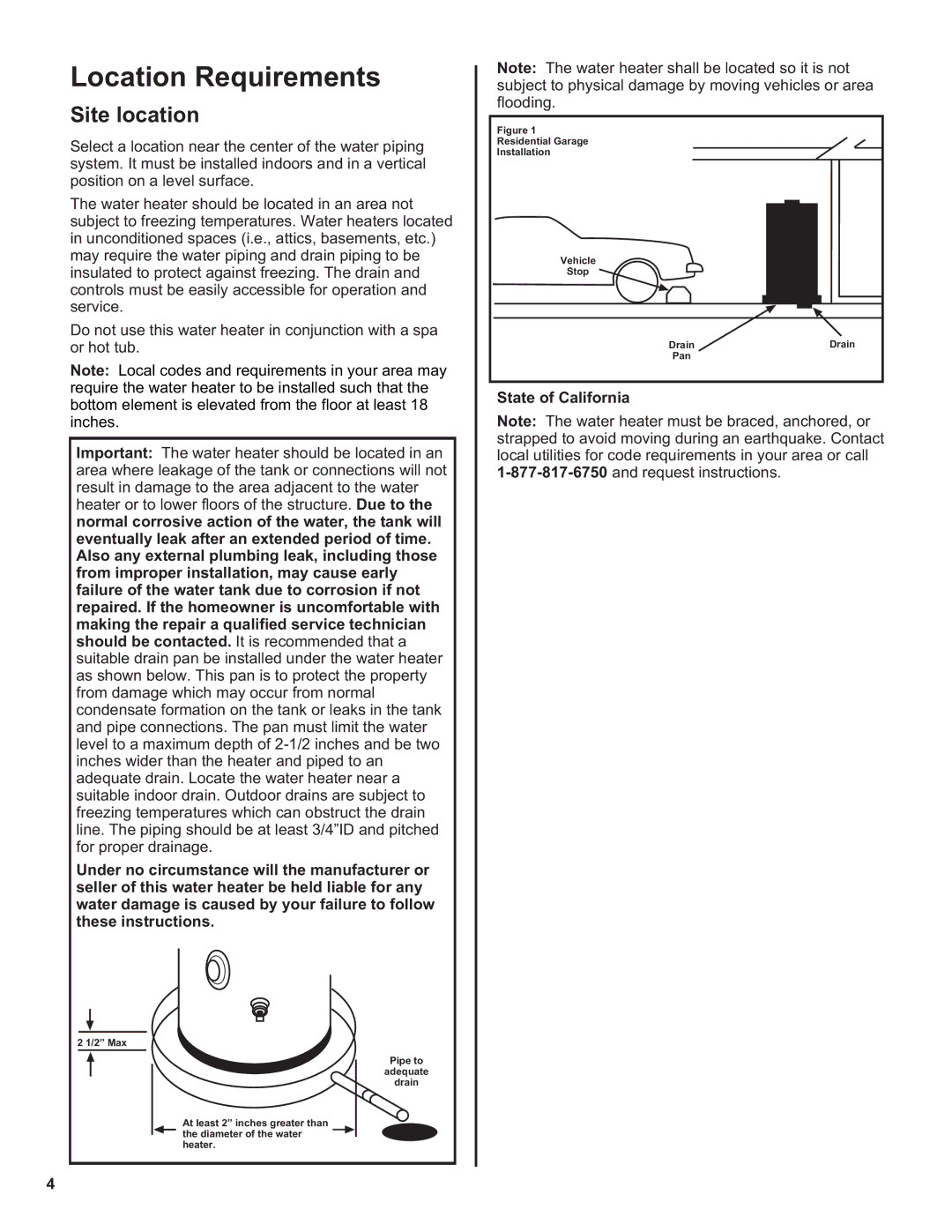 Whirlpool 188414, EE2H40RD045V, 188413, 188410, 188412 installation instructions Location Requirements, Site location 