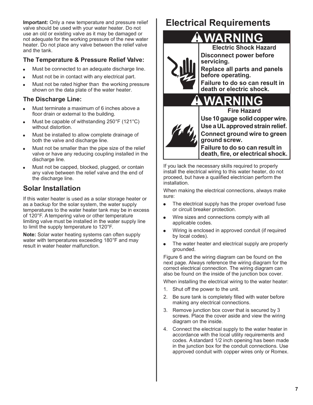 Whirlpool 188410, 188413 Electrical Requirements, Solar Installation, Temperature & Pressure Relief Valve, Discharge Line 