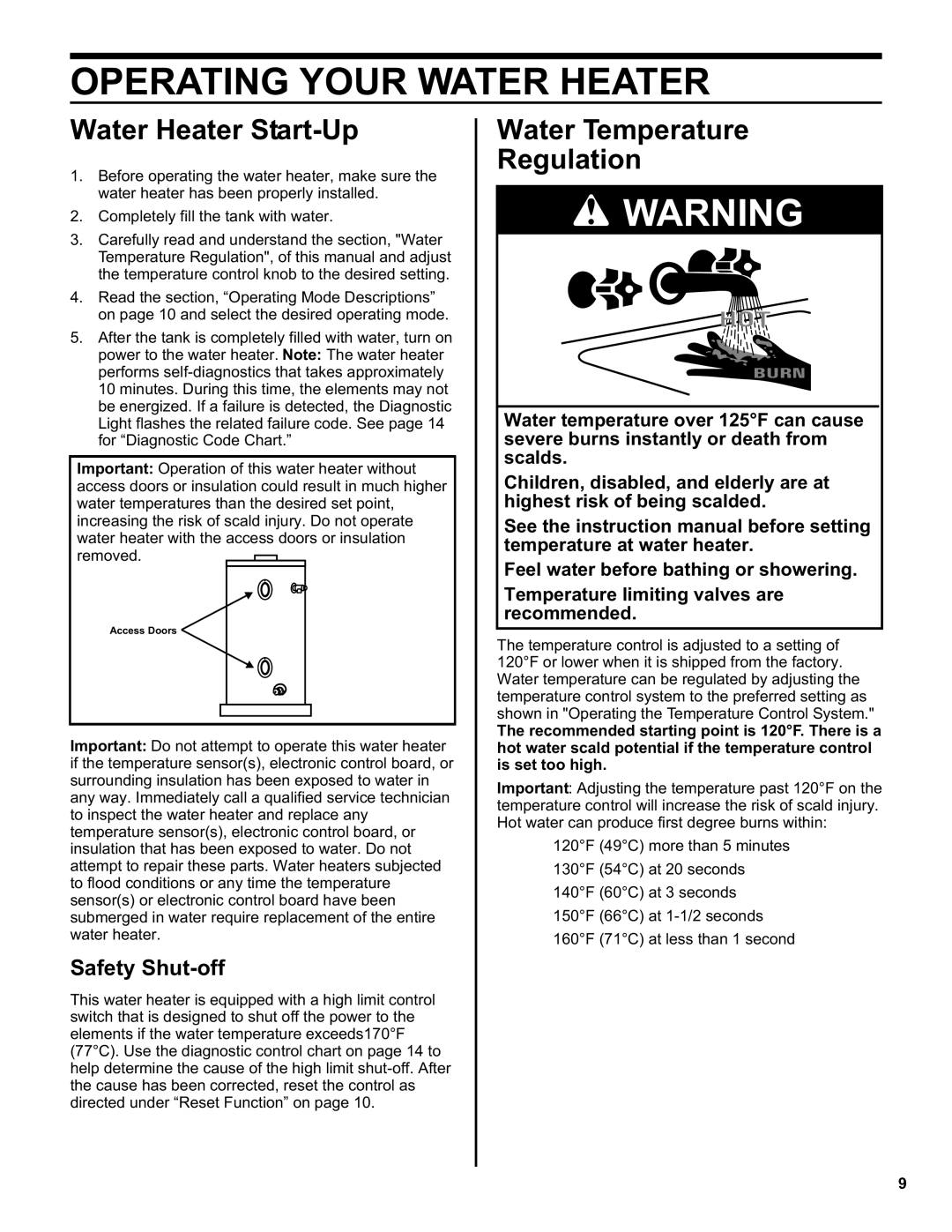 Whirlpool 188414, 188413 Operating Your Water Heater, Water Heater Start-Up, Water Temperature Regulation, Safety Shut-off 