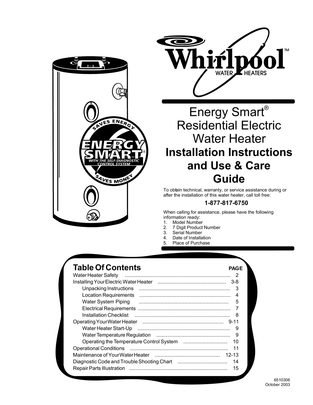 Whirlpool 188413 installation instructions Page, Energy Smart Residential Electric Water Heater, Installation Instructions 