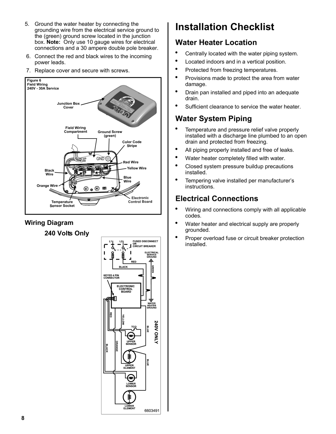 Whirlpool 188412, EE2H40RD045V Installation Checklist, Water Heater Location, Water System Piping, Electrical Connections 