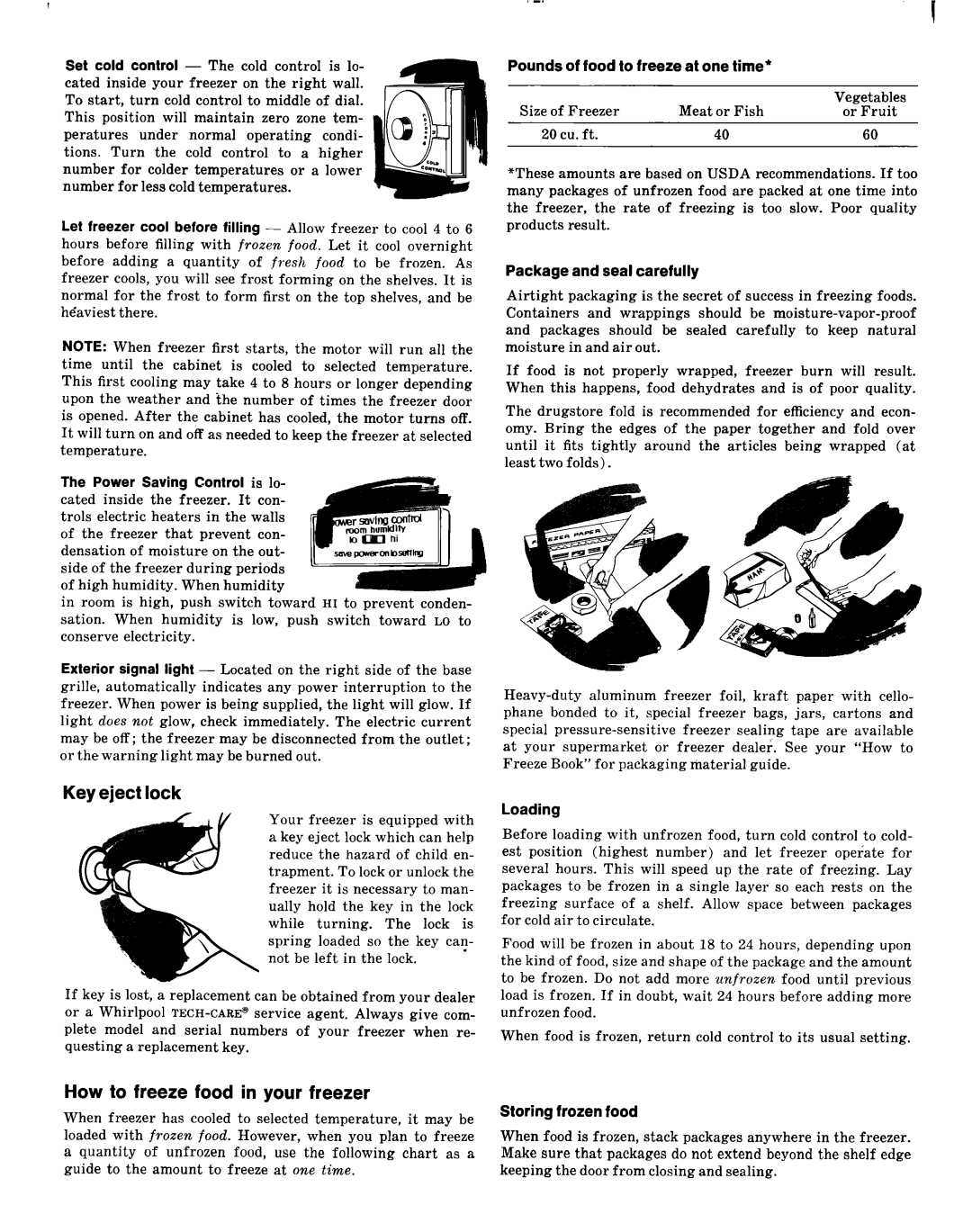 Whirlpool EEV 201 X manual Key eject lock, How to freeze food in your freezer, Meat or Fish Or Fruit 