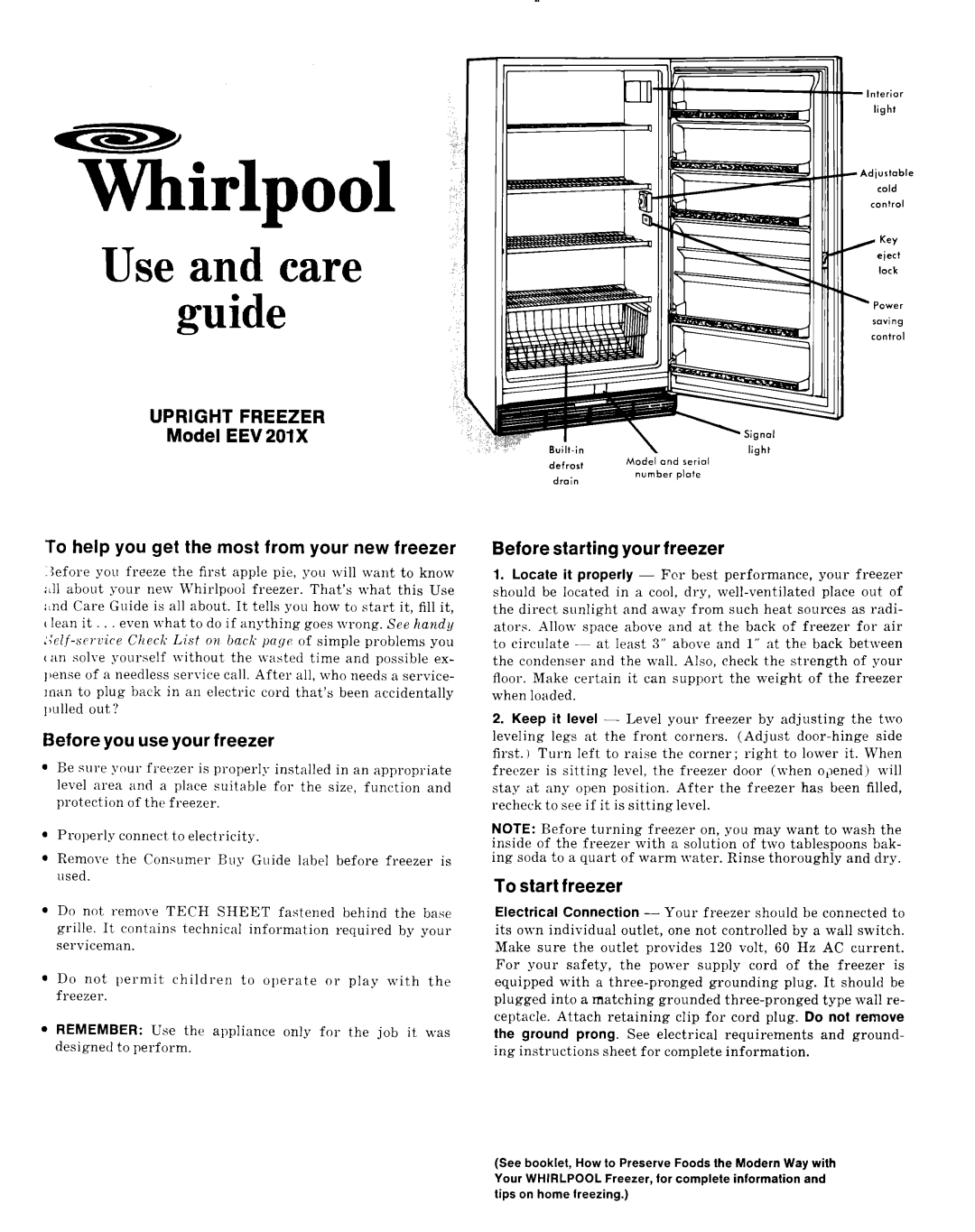Whirlpool EEV 201 X manual Freezer, Model, Eev, To help you get the most from your new freezer, To start freezer, Upright 