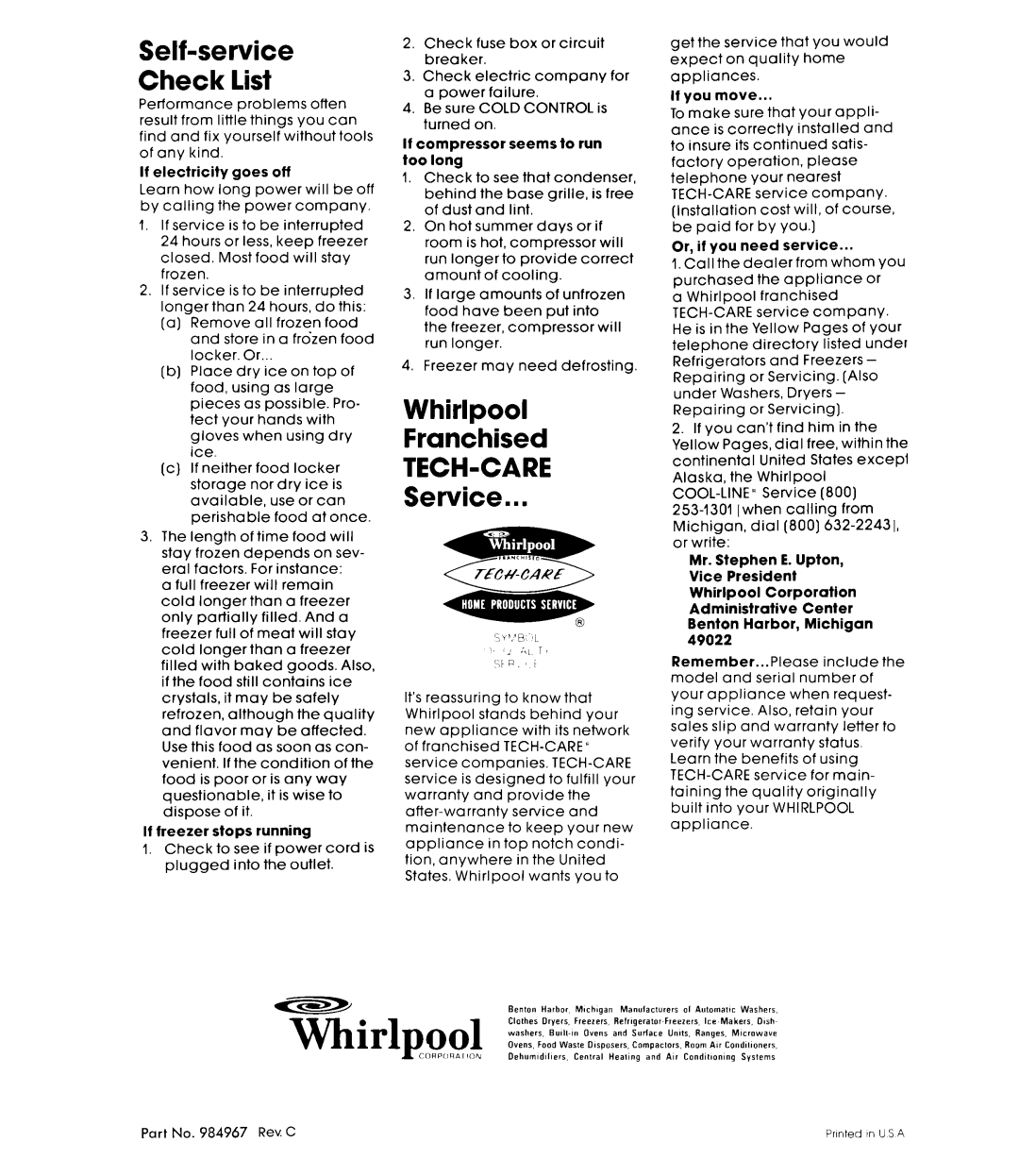 Whirlpool EEV 202X manual Self-service Check list, Whirlpool Franchised, Tech-Care, Service 