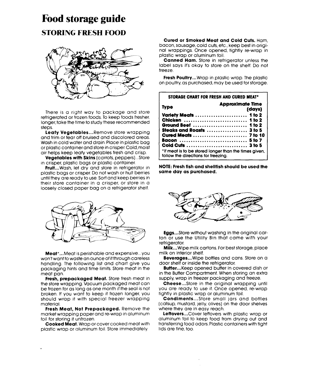 Whirlpool EF19MK manual Food storage guide, Storagechart Forfreshand Cured Meat 