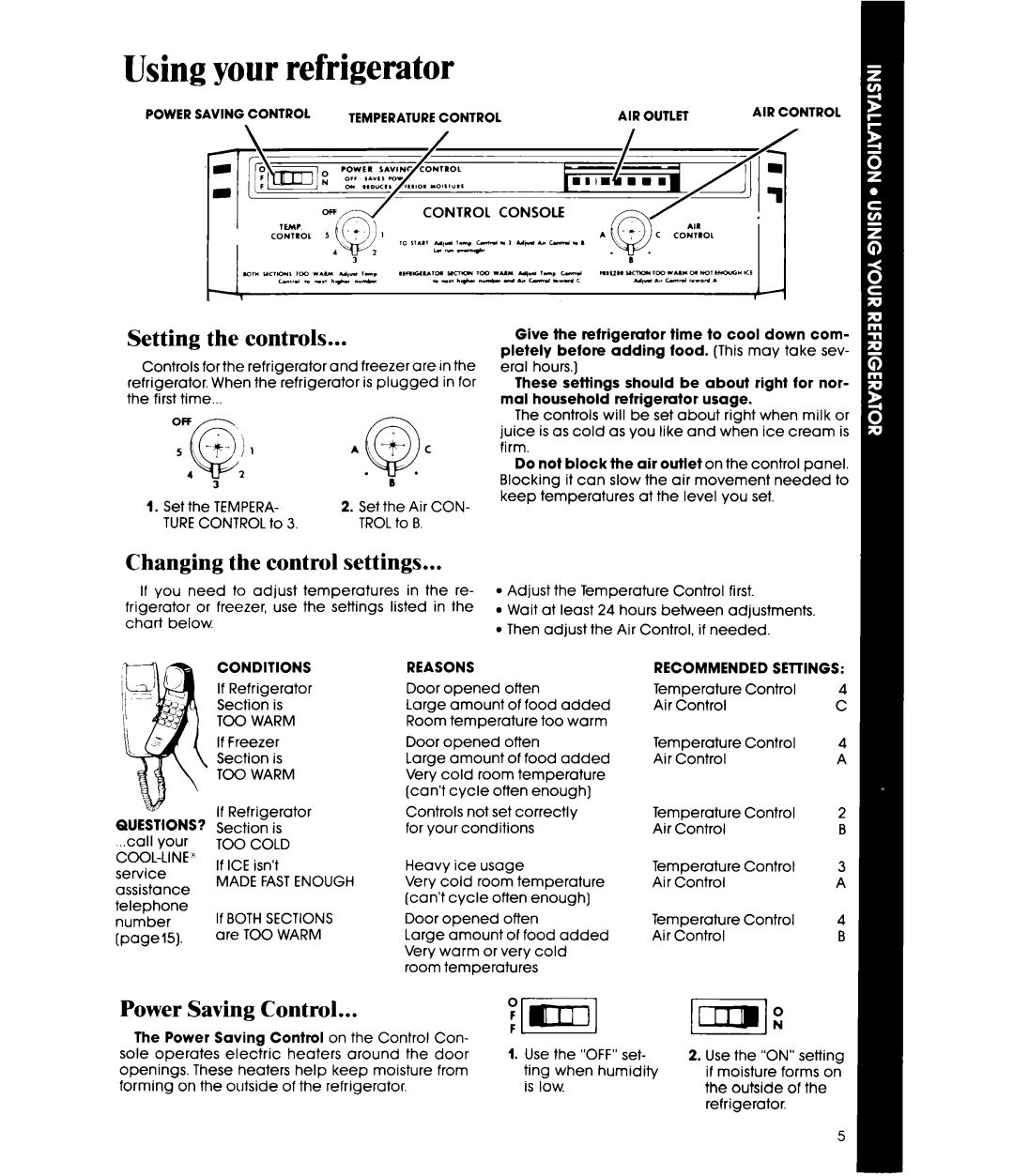 Whirlpool EF19MK manual Setting the controls, Changing the control settings, Power Saving Control 