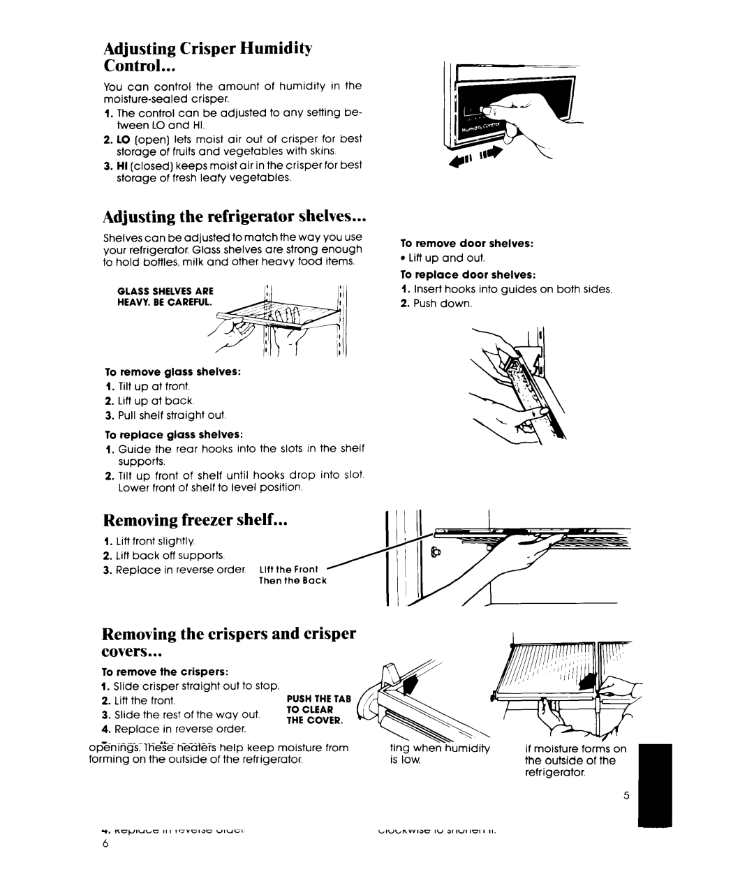 Whirlpool EF19MK manual Adjusting Crisper Humidity Control, Adjusting the refrigerator shelves, Removing freezer shelf 