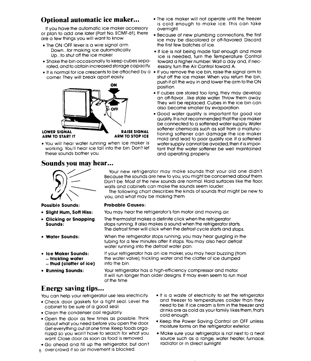 Whirlpool EF19MK manual Optional automatic ice maker, Sounds you may hear, Energy saving tips 