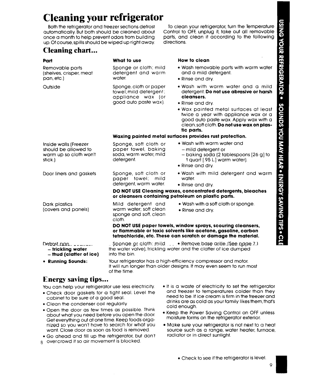 Whirlpool EF19MK manual Cleaning your refrigerator, Cleaning chart 