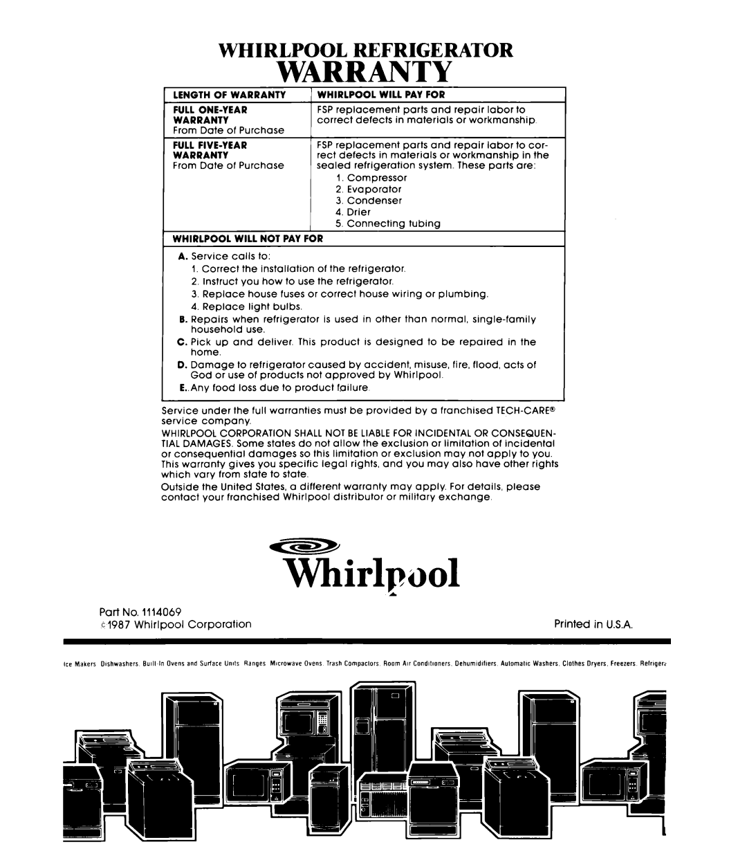 Whirlpool EF19MK manual Whirlp001, Warranty, Whirlpool Refrigerator 