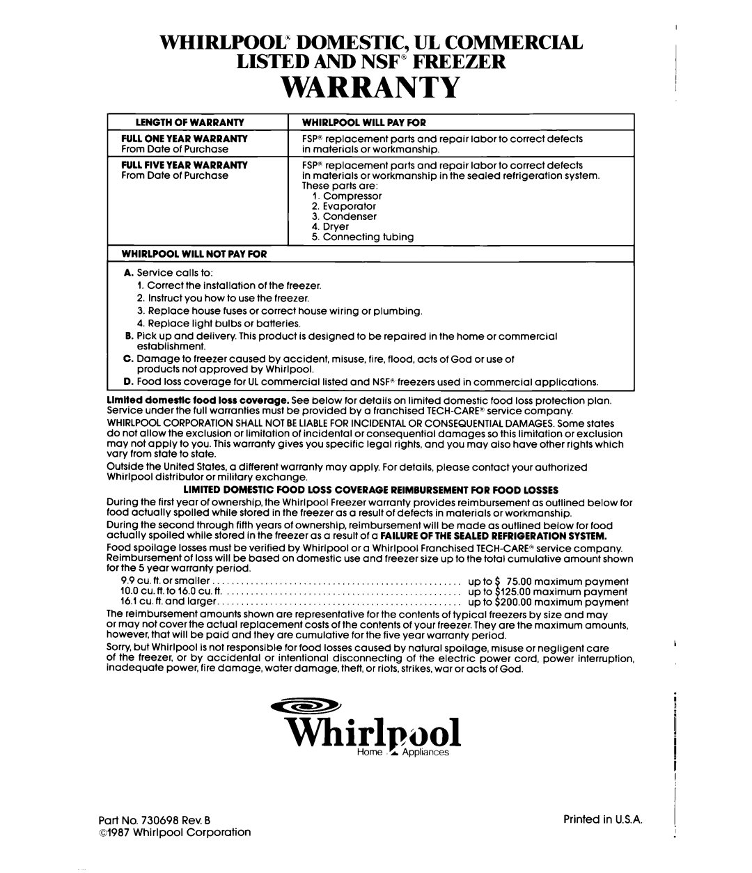 Whirlpool EH060F, EH090F manual Whirlpool 