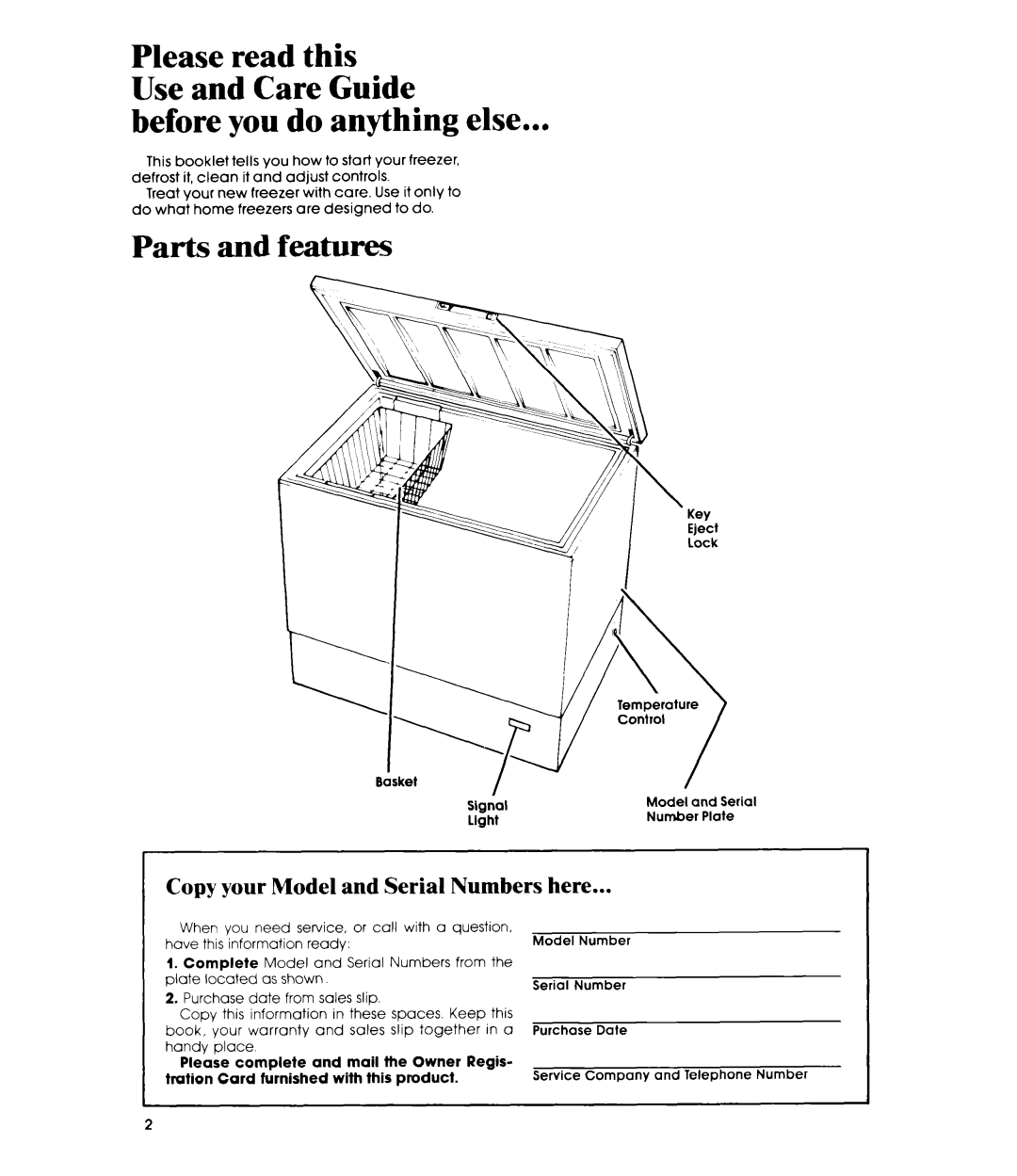 Whirlpool EH060F, EH090F manual Before you do anything else, Parts and features, Copy your Model and Serial Numbers here 