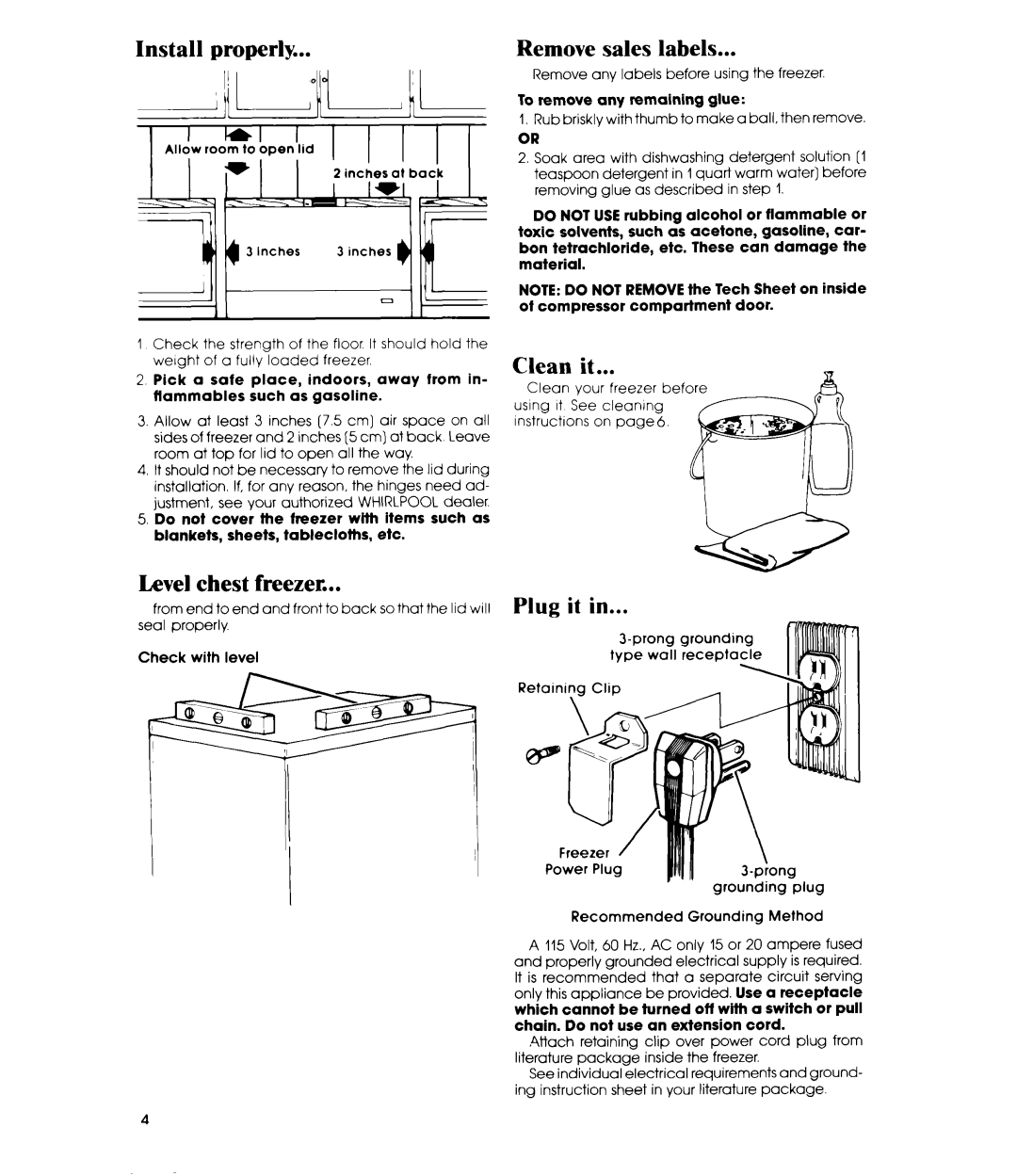 Whirlpool EH060F, EH090F manual Install properly IlLi ,‘A ,~I, Remove sales labels, Clean it, Level chest freezer 