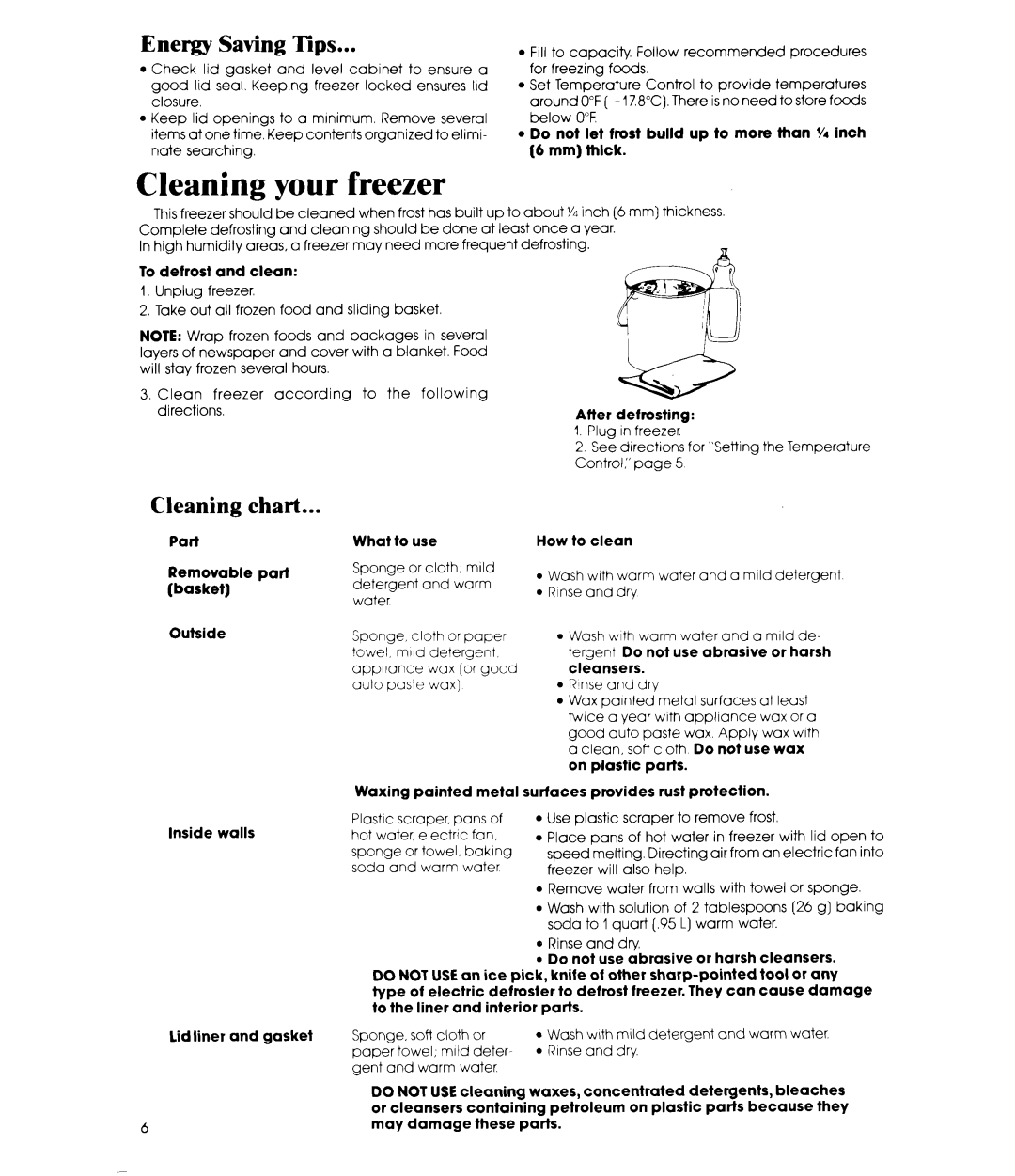 Whirlpool EH060F, EH090F manual Cleaning your freezer, Energy Saving Tips, Cleaning chart 