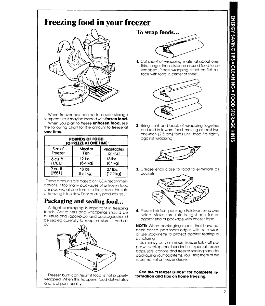 Whirlpool EH090F, EH060F manual Freezing food in your freezer, To wrap foods, Packaging and sealing food, One time, 655 Ll 